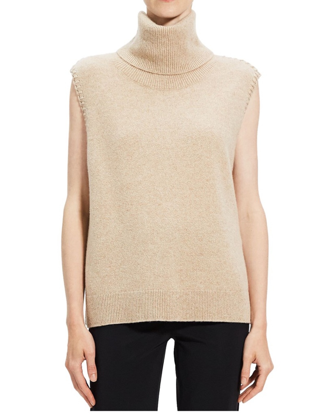 NWT Theory Cashmere Blanket Stitch Turtleneck Sweater Vest Small | Beige Neutral